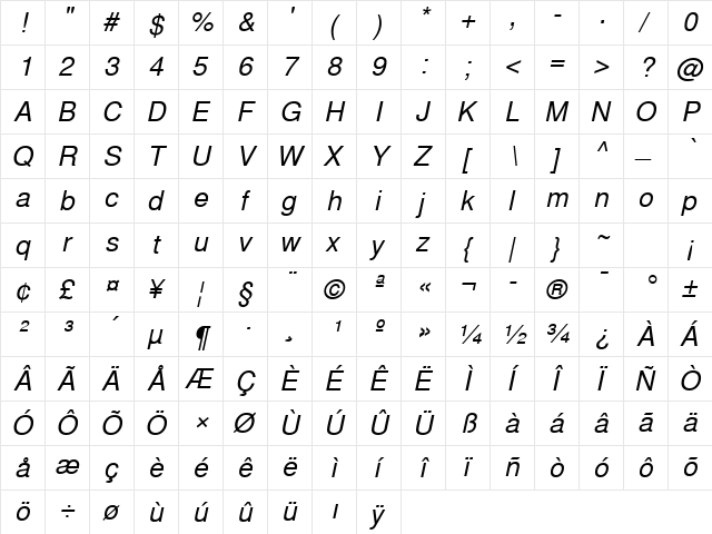 TurkishSansSSK Italic  glyph index