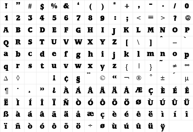 MarburgExtrabold Regular  glyph index