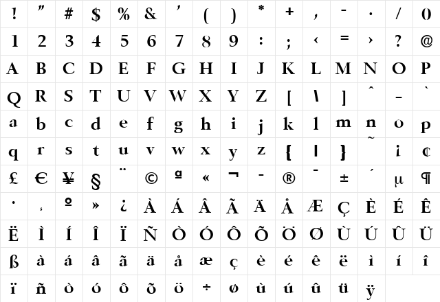 BrandonBecker Bold  glyph index