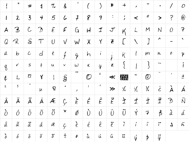 KimsHand Regular  glyph index