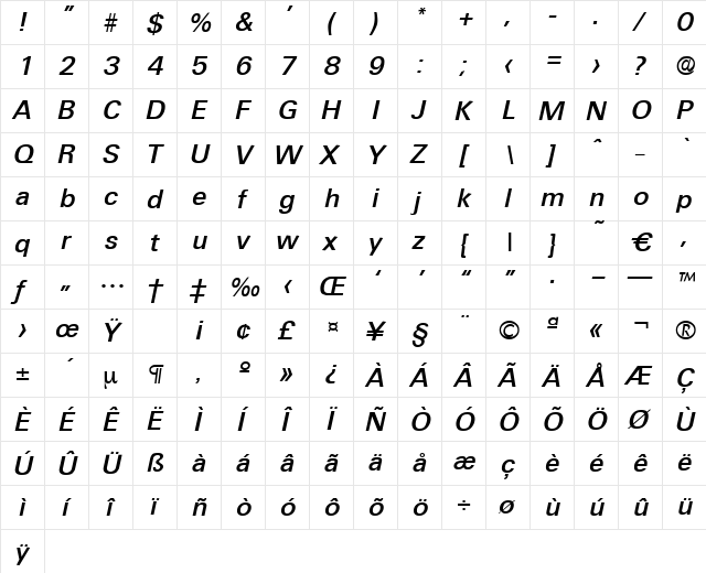 Ultimate-MediumIta Regular  glyph index