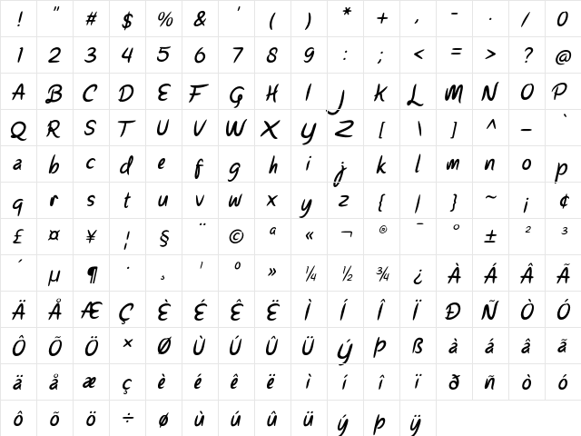 Parisien Night Oblique  glyph index