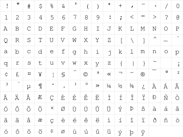 NimbusMonAntLReg Regular  glyph index