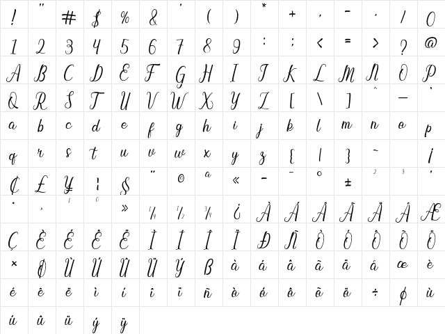Baybe Evaline Regular  glyph index