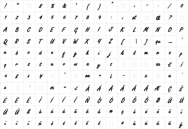 Freestyle Script Bold Regular  glyph index