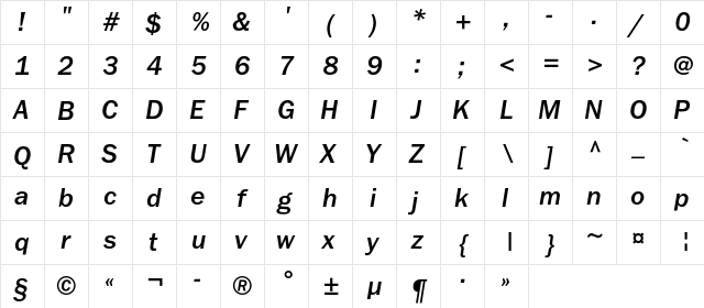 FranklinGothicMediumC Italic  glyph index