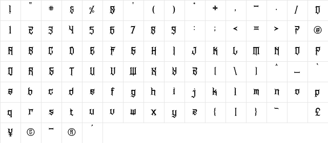 BWS NORTHLAND Regular  glyph index