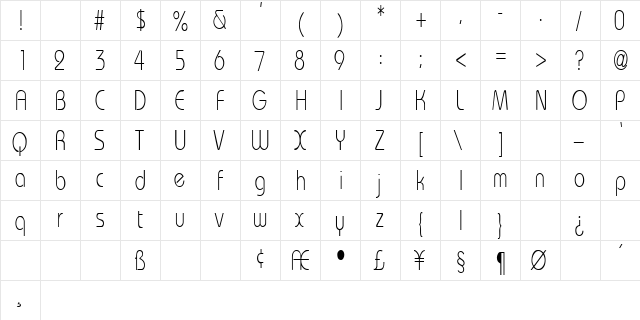 WashingtonMetroCondensed Regular  glyph index