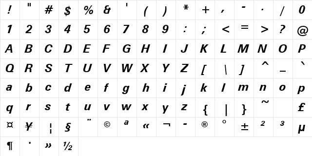 ZurichGreek BT Bold Inclined  glyph index