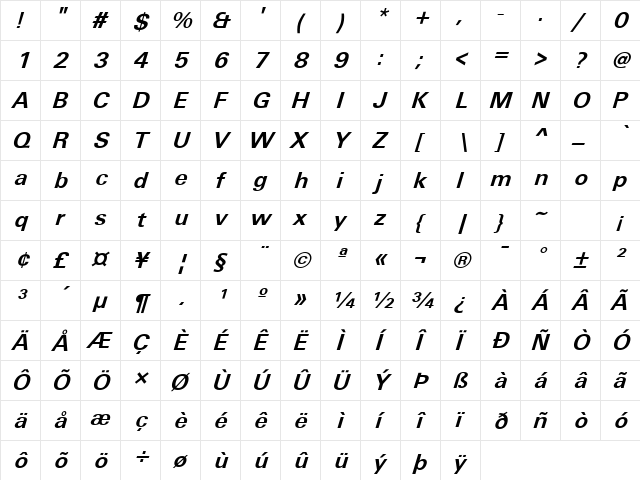 Unique Light BOLDITALIC  glyph index