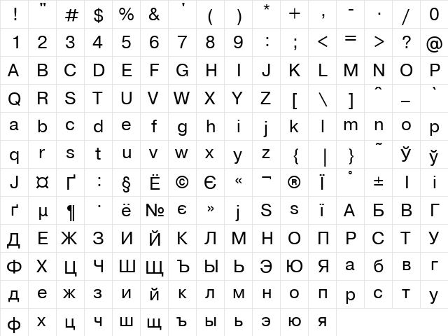 UkrainianPragmatica Regular  glyph index