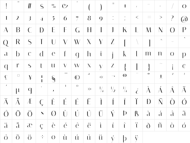 Italiana Regular  glyph index