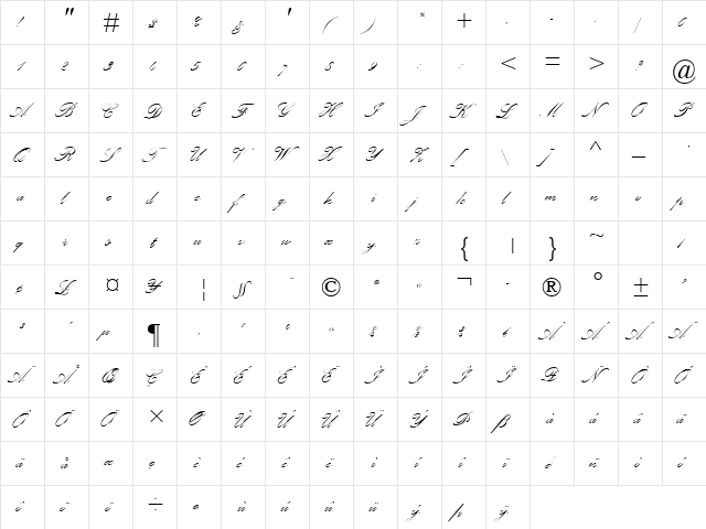 Palace Script Regular  glyph index