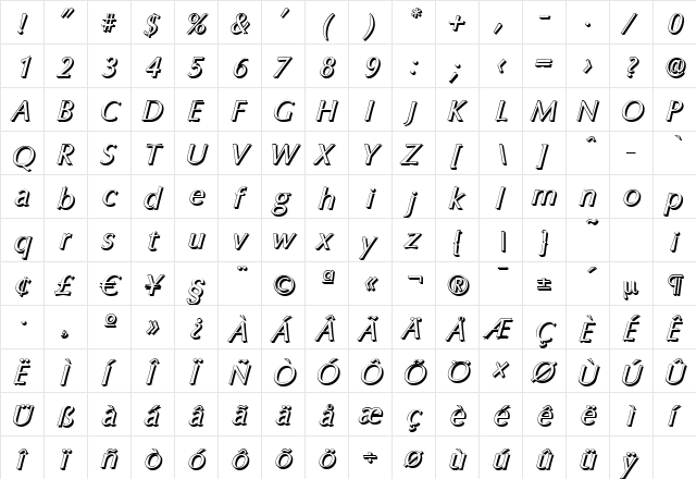 ColumbiaShadow Italic  glyph index