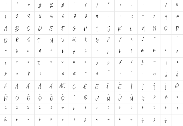 Angelwine Regular  glyph index