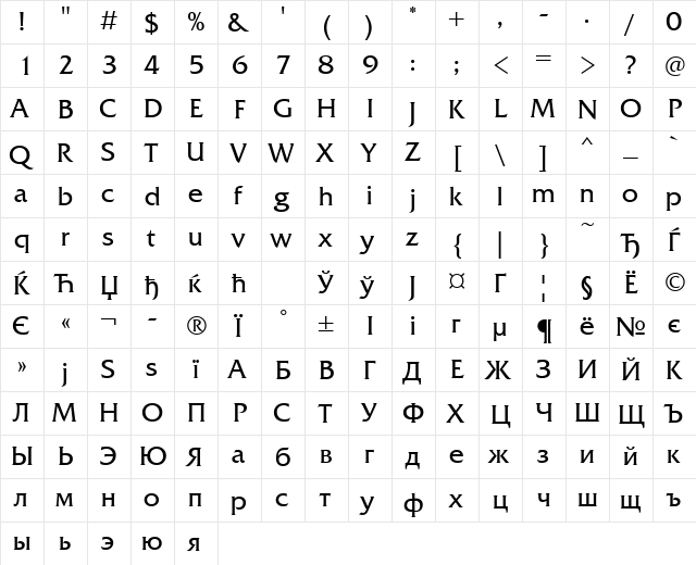 FrizQuadrataCTT Regular  glyph index