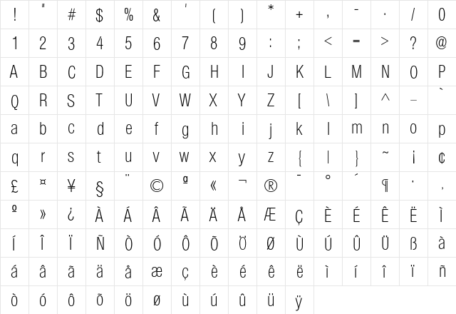 Colympia-Xlight Regular  glyph index
