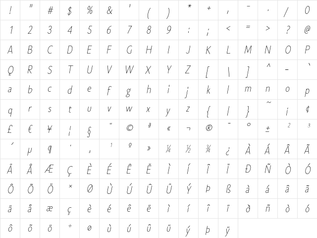 Cen Pro Light Italic  glyph index
