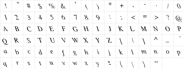 TimesItalicLeft Regular  glyph index