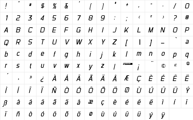 Sui Generis Condensed Light Italic  glyph index