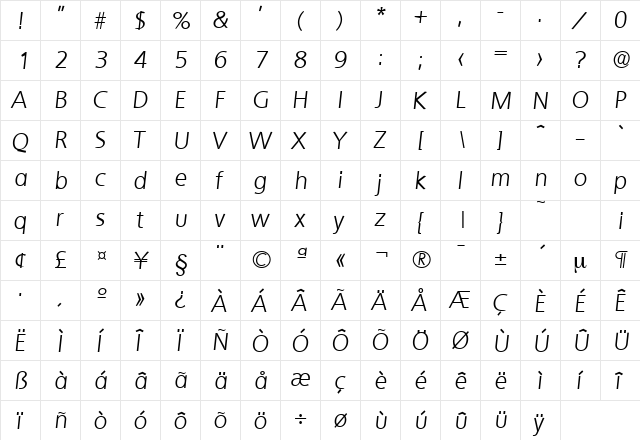 Quebec-Serial-Light RegularItalic  glyph index