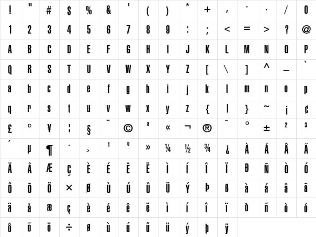 Helvetica Ultra Compressed  glyph index