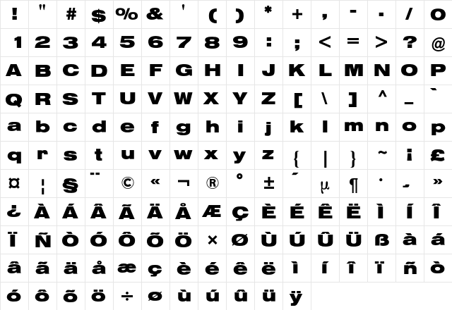 Helvetica Extended BQ Regular  glyph index