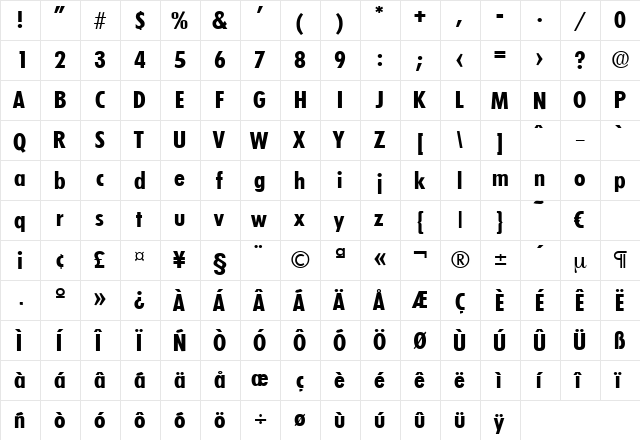 Limerick-DemiBoldCond Regular  glyph index