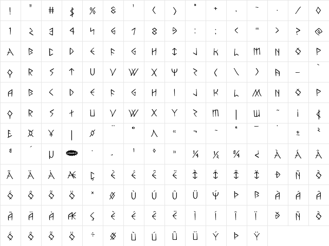 Rune Slasher Regular  glyph index