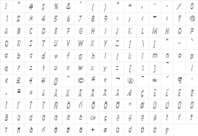 PeterBeckerCondOutline-Light Italic  glyph index