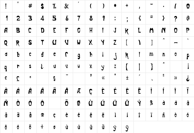 BodyShopCondensed Regular  glyph index