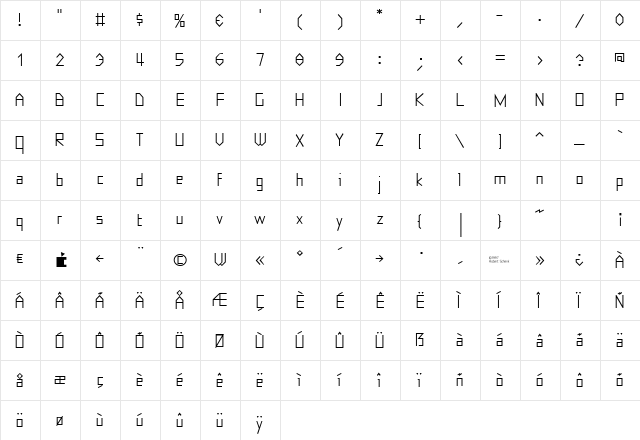 Eyebel Regular  glyph index