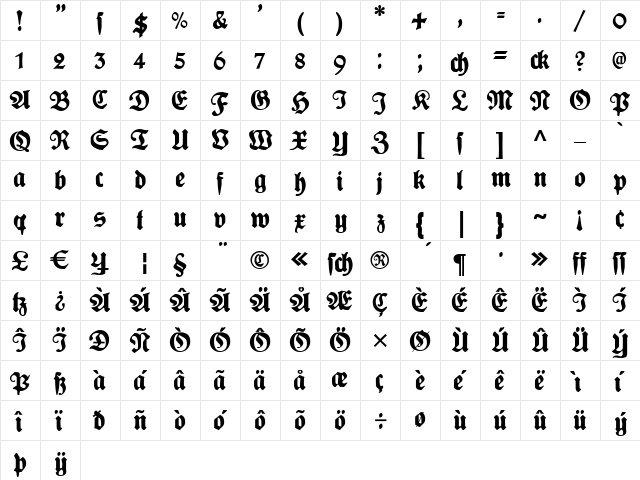Plakat-Fraktur Black  glyph index
