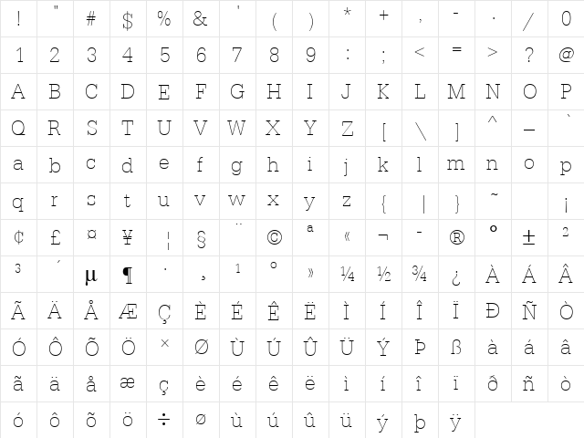 URWTypewriterTExtLigNar Regular  glyph index