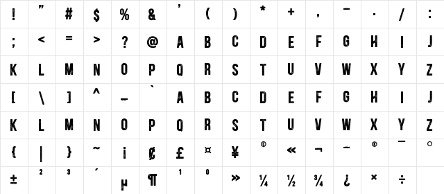 Blackside Rust Bold  glyph index