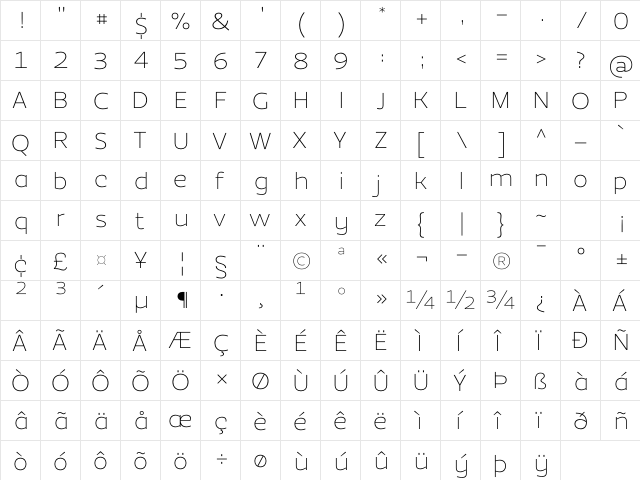 EzzoThinAlt Regular  glyph index