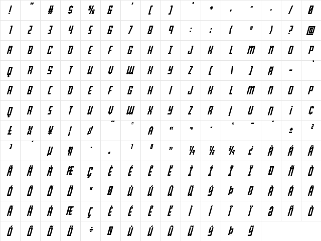 Young Patriot Italic Italic  glyph index