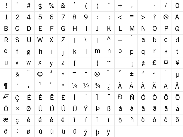 Trade Gothic LT Com Roman  glyph index