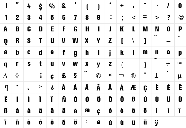 AkzentCondExtrabold Regular  glyph index