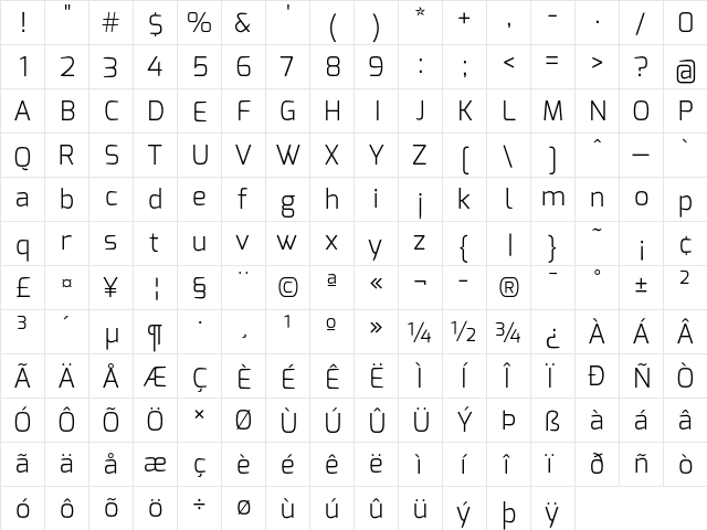 Exo Light  glyph index