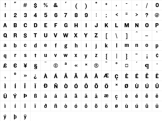 Knockout Medium  glyph index