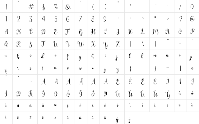 bertilda Regular  glyph index