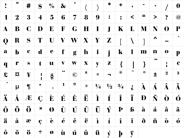 BauerBodoniEF Bold  glyph index