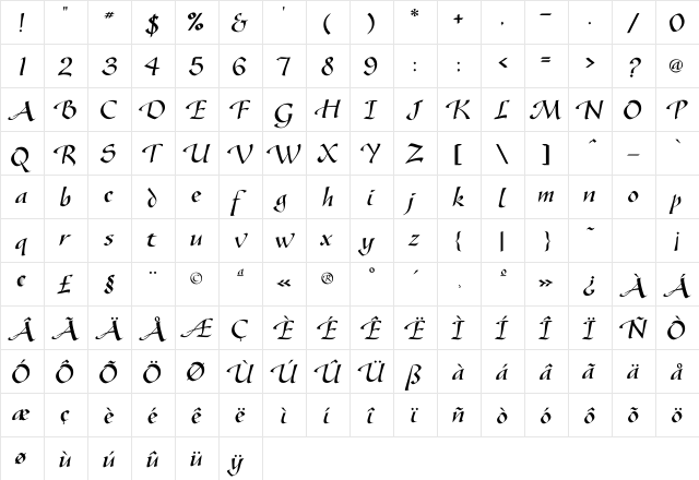 Gasteur Regular  glyph index