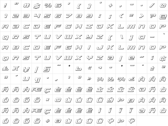 Gunship 3D Italic Italic  glyph index