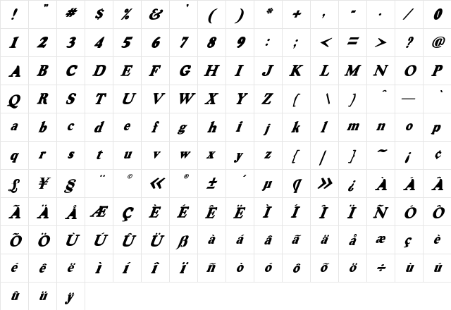 HarveyGrey-Italic Regular  glyph index