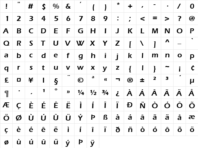 ErieBlack Regular  glyph index