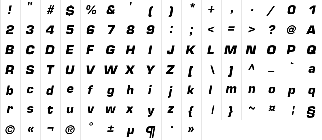 Europe Bold Italic  glyph index