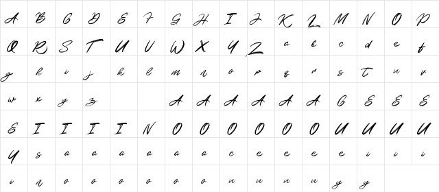 Kalvise Brushy Regular  glyph index
