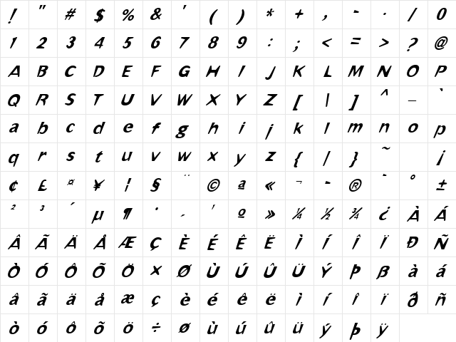 Omaha Italic Regular  glyph index